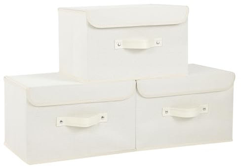 ENUMAIL Fabric Storage Boxes Container, Cube Organizers with Flip-Top Lid and Handles, Bins for Organizing Home, Office and Closet, Beige, 3 Pack, 33x23x20cm