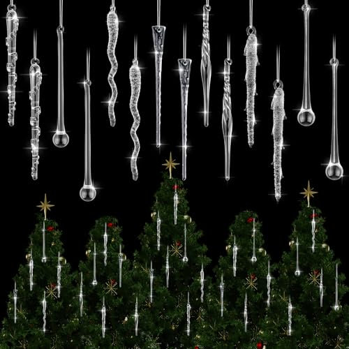 Vercraft 16 Pcs Christmas Clear Glass Icicle Teardrops Ornament Crystal Handmade Icicles for Christmas Tree Hanging Icicle Winter Decoration for Xmas Holiday Wedding Party Decor (5.9 Inches)
