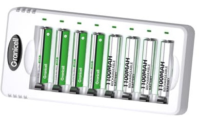 Granicell Rechargeable Battery with Charger, 8 Pcs of 1100mAh Low Self-Discharge AAA Batteries with 8-Compartment AA AAA Smart Battery Charger for Ni-MH Ni-CD Batteries, Individual Slots.