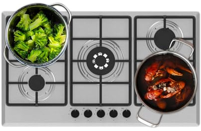 Avilia 5 Burner Gas Hob 90 cm Stainless Steel with Cast Iron Grills, Professional Gas Cooker for Home