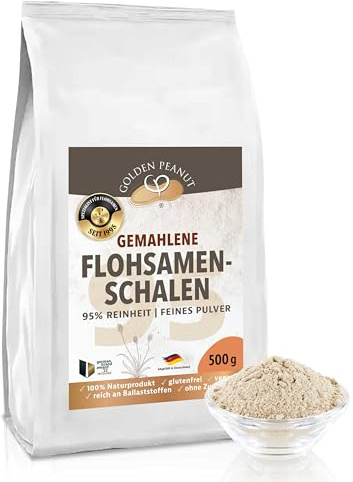 GOLDEN PEANUT Flohsamenschalen Pulver 95% 2 x 500 g, Psyllium Mehl, Premium Produkt, glutenfrei ballaststoffreich Kochen, Backen