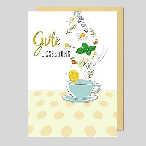 Michel Verlag Positive Grußkarte GUTE BESSERUNG | Bunte Klappkarte zur Aufmunterung | Neue Energie Kraft Mut, Karte Genesung für Freunde Kollegen | Inkl. Umschlag, 12x17cm | Made in DE (Teetasse)