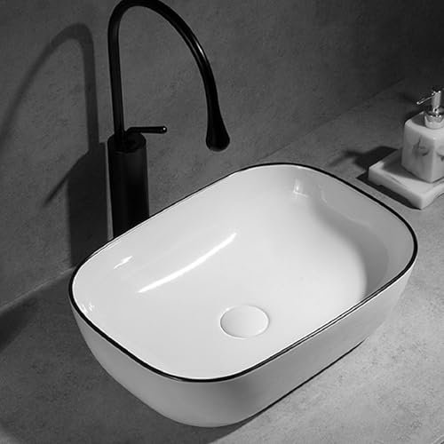 Lavandino Da Appoggio Moderno For Bagno, Con Bordo Nero, In Ceramica, Sopra Il Piano, For Lavatrice, For Balcone E Casa.(42x42x14cm)