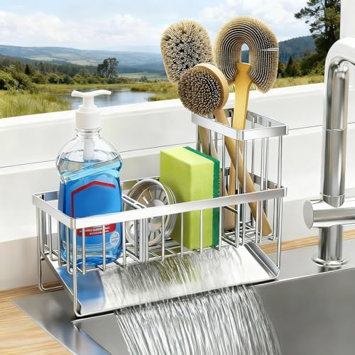 Spülbecken Organizer Edelstahl 304, Multifunktionaler Schwammhalter, Küchen Organizer Spüle, mit Automatisch Abflusspfanne, Abnehmbarem Trennwand, Hoch Bürstenhalter, für Schwamm, Bürste, Spülseife
