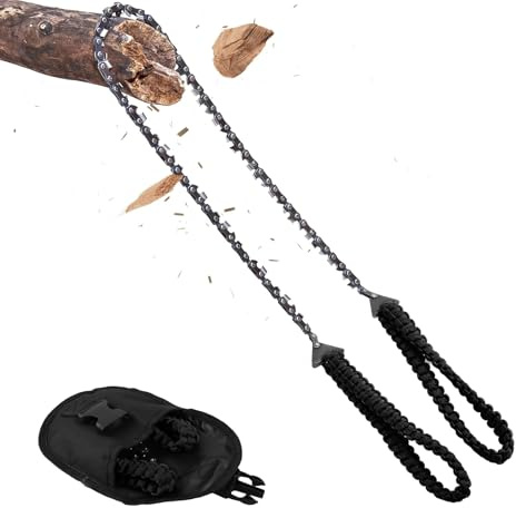 shallyong Scie à Main à Chaîne, Tronçonneuse en Acier Carbone avec Poignée Paracord, Tronçonneuses Manuelles 95 cm à 11 Dents, Scie de Survie pour Camping, Jardin, Notfall & Outdoor (Noir)