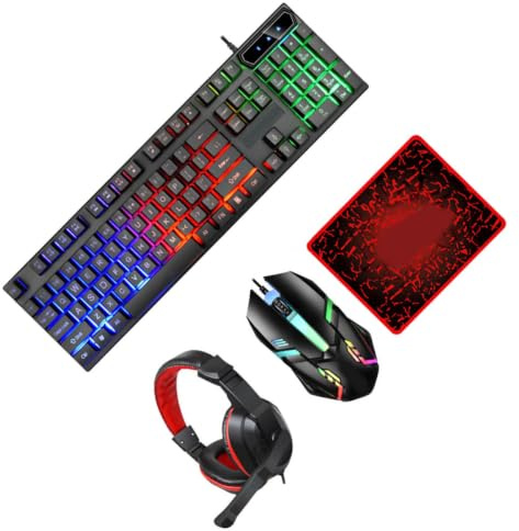 Ensemble Clavier Souris Gamer Rétroéclairé 104 Touches Abs Noir | Casque et Tapis Cousu, Éclairage Respirant, Base Antidérapante, Usage Gaming, Lot Unique