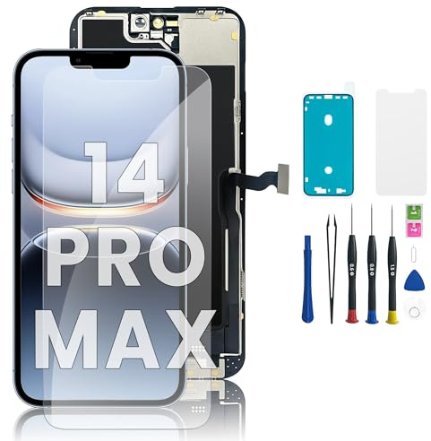 Hoonyer LCD Display Ersatz Set für iPhone 14 Pro Max (6,7 Zoll), 3D Touch Bildschirm mit Rahmen & Digitizer, inkl. Reparaturwerkzeug, wasserdichtem Klebestreifen & gehärtetem Displayschutz
