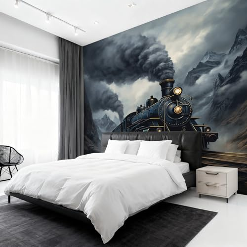 Generisch Vlies Fototapete Zug 280x200 cm, Tapete Industrie Dampflokomotive Tapeten Vliestapete Wohnzimmer Grau Schlafzimmer Wandtapete Ornamente Mustertapete W&54