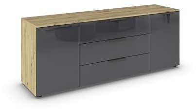 Rauch Möbel Flipp, Kommode, Farbe Glas Basalt/Eiche Artisan, Breite 160 cm | Sideboard, 2-türig, 3 Schubladen, Glasfront, Soft-Close-Funktion, für Schlafzimmer, Gästezimmer, Wohnzimmer, Garderobe, Flur