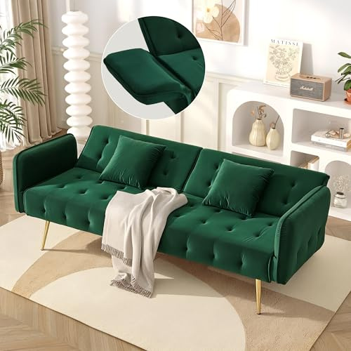 ECLIVON Sofa mit Schlaffunktion, 2 in 1 Schlafsofa für Wohnzimmer, Sofas & Couches mit Verstellbarer Rückenlehne, Sofa Bett Klappbar mit Kissen, Schlafcouch Lounge für Schlafzimmer, Samt (Grün)