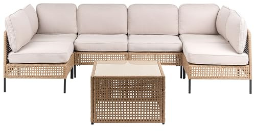 Beliani 6-Sitzer Gartensofa U-Form mit Tisch PE-Rattan beige modular mit Armlehnen Auflagen Hellbeige modern Omegana