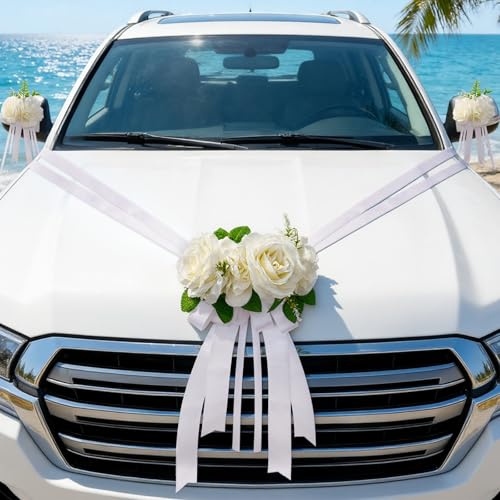 Alaoo Autoschmuck Hochzeit Weiß, Organza M Auto Schmuck Braut, Hochzeitsauto Dekorationsset, Paar Rose Deko Dekoration Hochzeit Car Auto, Wedding Girlande, Deko Girlande PKW mit 3 Rosen