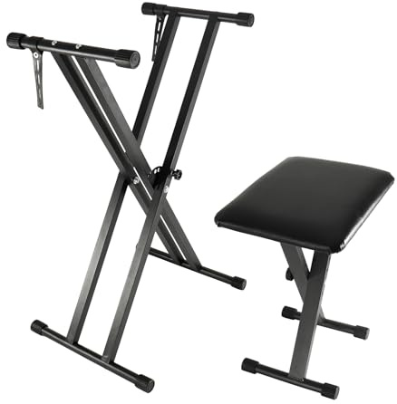TINMAGI Support clavier piano, Support de Clavier Piano et Tabouret, Stand X Double Réglable, Banc Piano, Pliable, Compatible 61/76/88 Touches, Noir