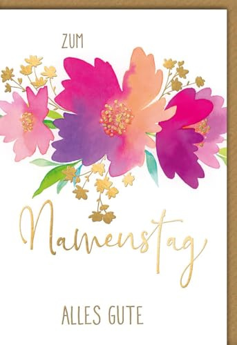 Namenstagskarte Festlich - Blumen - Bunte Aquarellblüten mit goldenen Akzenten und Schriftzug - Klappkarte mit Umschlag