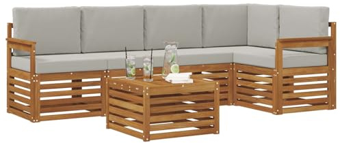 vidaXL Sofagarnituren 6 pcs Natürlich und Hellgrau Massivholz Akazie, Moderner Outdoor-Sofa, strapazierfähiges Möbel für Garten, Bequeme Lounge-Sitzgruppe für die Terrasse