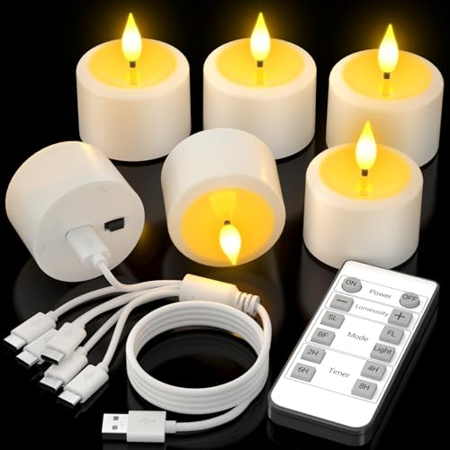 SoulBay 6er Teelichter LED Aufladbar mit Timer & Fernbedienung, 3.5cm D | Mini LED Teelichter Wiederaufladbar, 100+ Std. Elektrische Kerzen für Party Zimmer Wohnzimmer Halloween Deko Weihnachten