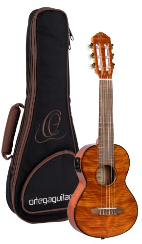 Ortega Guitars Reise Gitarre Elektro-Akustisch – Mini Travel Series – Geflammtes Mahagoni, Hochglanz Natur (RGLE18FMH)