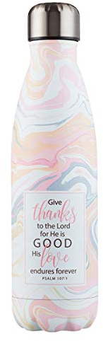 Christian Art Gifts Stainless Steel Double Wall Vaccum Insulated Water Bottle: Give Thanks - Psalm 107:1 Inspirational Bible Verse, Swirled White/Pink Marble for Hot & Cold Beverages, 17 oz.