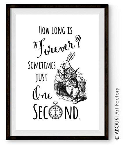 ALICE HOW LONG IS FOREVER | ABOUKI Kunstdruck | Lewis Carroll Alice im Wunderland Poster Bild Plakat Grinsekatze Hase Hutmacher Geschenke Sprüche Wanddekoration | DIN A4, A3 / Rahmen optional