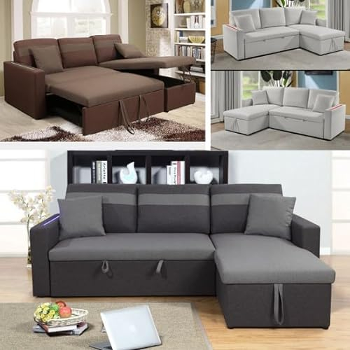 Bagno Italia Ecksofa, 223 cm, Mikrofaser, grau oder braun oder weißes Kunstleder, wendbar, mit Armlehnenfach und LED-Lichtern