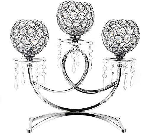 SUMTREE 3-Arm Crystal Bowls Tealight Candelabra Candle Holder for Home Office Wedding Table Centerpiece Decoration (Silver)