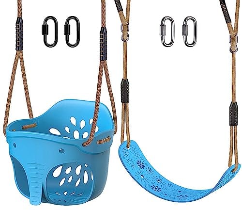 Benelabel 2pz Asiento de Columpio, Columpio para NiñO, Respaldo de Alto Soporte con Cuerda Ajustable de 130-200cm para NiñOs de 1 a 3 AñOs, Recorte de Elefante y Flor, hasta 600 Libras, Azul
