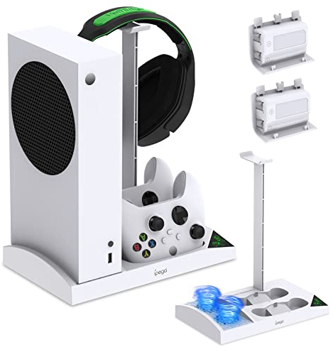 Auarte Vertikaler Ladegerät Ständer mit Lüfter für Xbox Series S, Controller Ladestation, 2 x 1400 mAh Wiederaufladbar Batteries, Kopfhörer Ständer für Xbox Serie S Zubehör (Weiß)