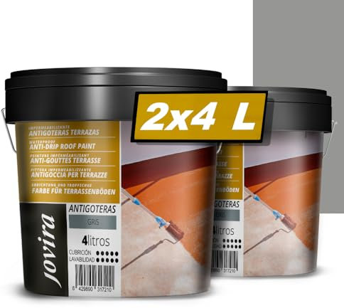 JOVIRA PINTURAS Impermeabilizante Antigoteras, Terraza Antigoteras Caucho Elástica, pintura de terrazas, evita filtraciones en todo tipo de cubiertas y terrazas. (2x4 Litros, Gris)