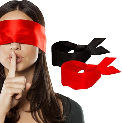 Lang Horn Seide Satin-Schlafmaske, Augenmaske, Schwarz und Grün, Schlafmaske Schlafbrille, Augenbinde Schlaf Blindfold für Paare Schlafen, 150 cm, 2 Stück (Schwarz + Tomatenrot)