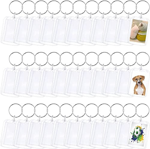 Lot de 30 porte-clés vierges en acrylique transparent pour photo, photo, kit de fabrication de porte-clés pour travaux manuels, cadeau pour la famille et les amis (50x33 mm)
