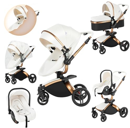 Prokoke PU-Leder Kinderwagen 3 in 1, Buggy mit Verstellbarem Sitz mit 360°-Drehung, Kinderwagen mit Rahmen Aluminiumlegierung, Kombikinderwagen 3 in 1 mit Einem Klick Faltbar Design (906 White)