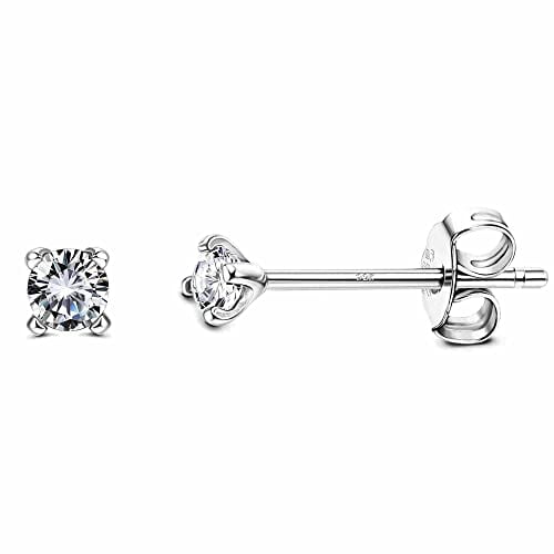 Roheafer 925 Sterling Silver Cubic Zirconia Stud Earrings for Women Men, 2mm Tiny Long Post Aurora Rainbow Earrings Platinum/Gold/Rose Gold Plated Tiny CZ Studs earrings Hypoallergenic
