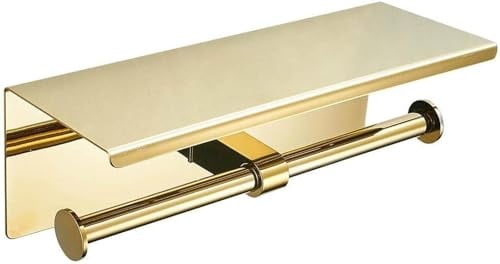 Double Toilet Roll Holder with Shelf Wall Mounted SUS304 Stainless Steel Toilet Paper Holder for Easy Storage and Access Elegant and Functional Bathroom Accessory (Gold)