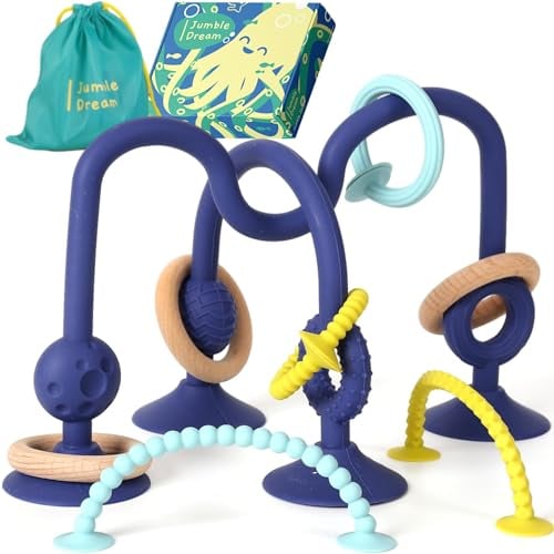 Beißring Baby JUMBLE JANGLE: Beißspielzeug für Babies 3-24 Monate | 7er-Set Kauspielzeug BPA-frei | Silikon Zahnungshilfe kühlen | Kleinkind Spielzeug mit Saugnapf für Hochstuhl Tisch Badewanne