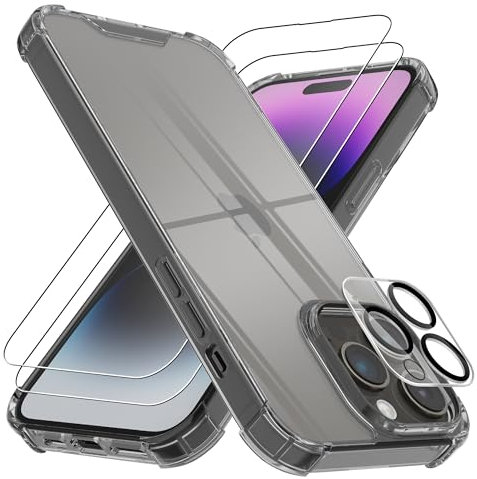 4youquality 4-in-1 iPhone 14 Pro Max Case with 2-Pack Tempered Glass Screen Protectors + 1-Pack Camera Lens Protector, Airbag Protection, Bumper Case (Clear-Black)