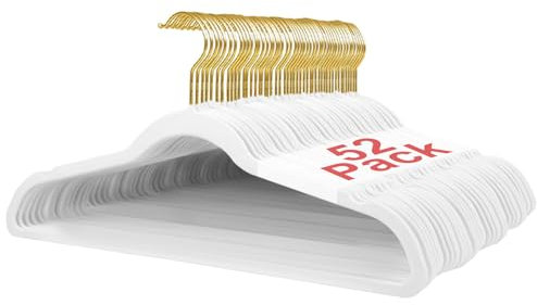 Wellong Kleiderbügel Samt, 45 cm rutschfeste Filz Bügel, Stabile Anzugbügel mit Schulterkerben, Platzsparende Kleiderbügel für Mäntel, Hosen, Silbe, 52 Stück – Weiß mit Goldene Haken