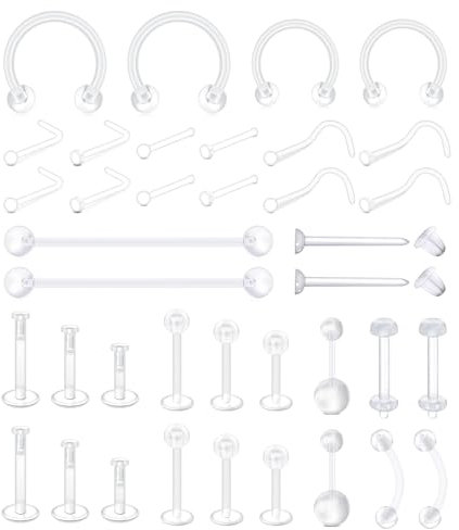 WillTen 38Pcs Bioflex Piercing Nase Stud Nasenring Ohrringe, Plastik Piercing für Op Plastik Nasenstecker Kunststoff Ohrringe für Schule, Labret Piercing Bioflex Bauchnabelpiercing Schwangerschaft