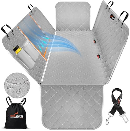 Dog Car Seat Covers, 600D Heavy Duty 100% Waterproof, Nonslip, Zipper Design seat protector, Mesh Window, Perfect Dog Hammock for Car backseat, SUVs, Sedans & Truck (Gray, Square Window Style)