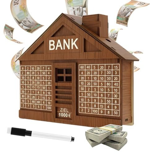Spardose Holz - Spardose Aus In Hausform €1000, Zwei Aufbewahrungsmethoden: Münzen Und Banknoten, Sparbox mit Zahlen Ankreuzen - Spardose mit Zielzahlen, Sparbox Zum Basteln für Kinder Und Erwachsene