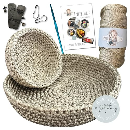 HÄKEL LIESE Häkelset für Anfänger - runde Schalen, Häkel Set Anfänger Erwachsene, Häckelset Schale mit Anleitung, häkeln lernen, crochet set, Schalen Set Häckeln (BEIGE)