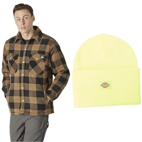 Dickies Khaki / NEON GELB Mütze mit Manschetten, Polarfleece, Ohrwärmer, Einstellbar, Winter, Arbeitskleidung & Casual, Unisex-Jugendliche