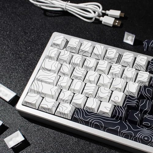 131 Keys PBT Dye Sub, Black and White Topographic Keycaps, Cherry Profile Keycap Set Fit for 61/64/87/104/108 Cherry Mx Switches Mechanical Keyboard