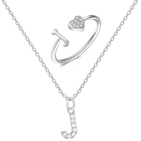 XSDSLS Herz Ring mit Buchstaben Damen Silber Kette mit Buchstabe Anhänger Verstellbarer Initiale A-Z Zirkonia Fingerring Halskette mit Buchstaben Buchstabering Schmuck für Frauen Mädchen (J)