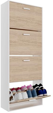 CASABEL Schuhschrank für 24 Paar – große Kapazität für Eingangsbereich – L 60 x T 24 x H 150 cm – Türen aus hellem Holz, Rahmen weiß