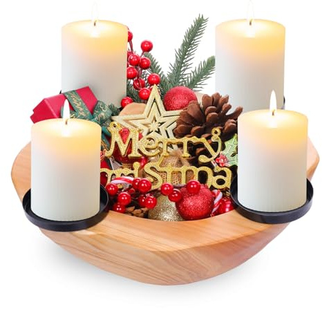Porte-bougie de couronne de l'Avent en bois - Bol rond en bois et plateau à bougies en métal, Arrangement de l'Avent, Bol de Noël pour décoration de table