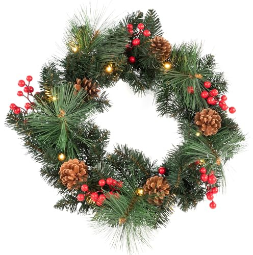 Idena 31903 - Couronne de Noël LED avec 15 LED Blanc Chaud, env. 50 cm, Couronne de l'Avent avec décorations Rouges, décoration de Noël pour l'intérieur, Fonctionne à Piles avec minuterie