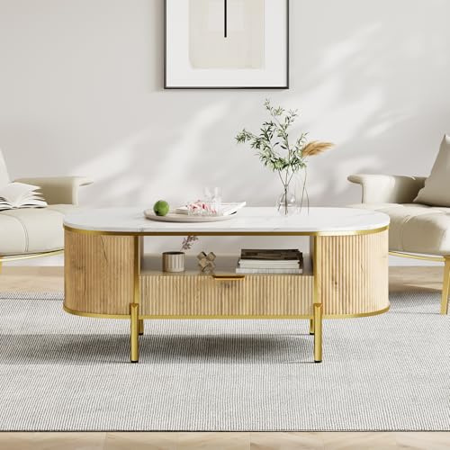 Niwugady Ovaler Couchtisch mit 2-stöckig Offenem Regal, 1 Schublade, Kaffeetisch mit Kunstmarmor-Tischplatte & Goldenen Metallfüßen, Viel Stauraum & Modernes Design, 122 x 56 x 48 cm, Holzfarbe