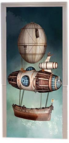 A.Monamour Stickers Muraux 3D Steampunk Navire Imaginaire Dirigeable Bateau Fantaisie Abstrait Décors Imprimer Vinyle Chambre Porte Stickers Papier Peint Peintures Murales Amovible Porte Autocollants