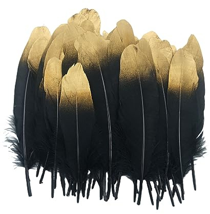Suneast 50 Stücke Deko Federn Natur Gänse Feder Bastel Feather für DIY Traumfänger, Kostüme Schmuck Deko, Karneval Basteln - Schwarz + Gold, 15-20cm