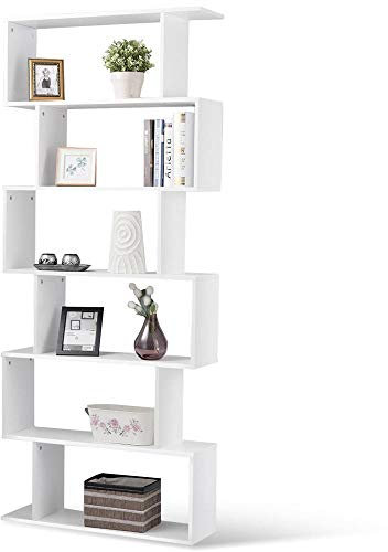 BAKAJI Libreria Scaffale 6 Ripiani in Legno Design Zig Zag Moderno per Soggiorno Salotto Casa o Ufficio Dimensione 80 x 24 x 190 cm (Bianco)